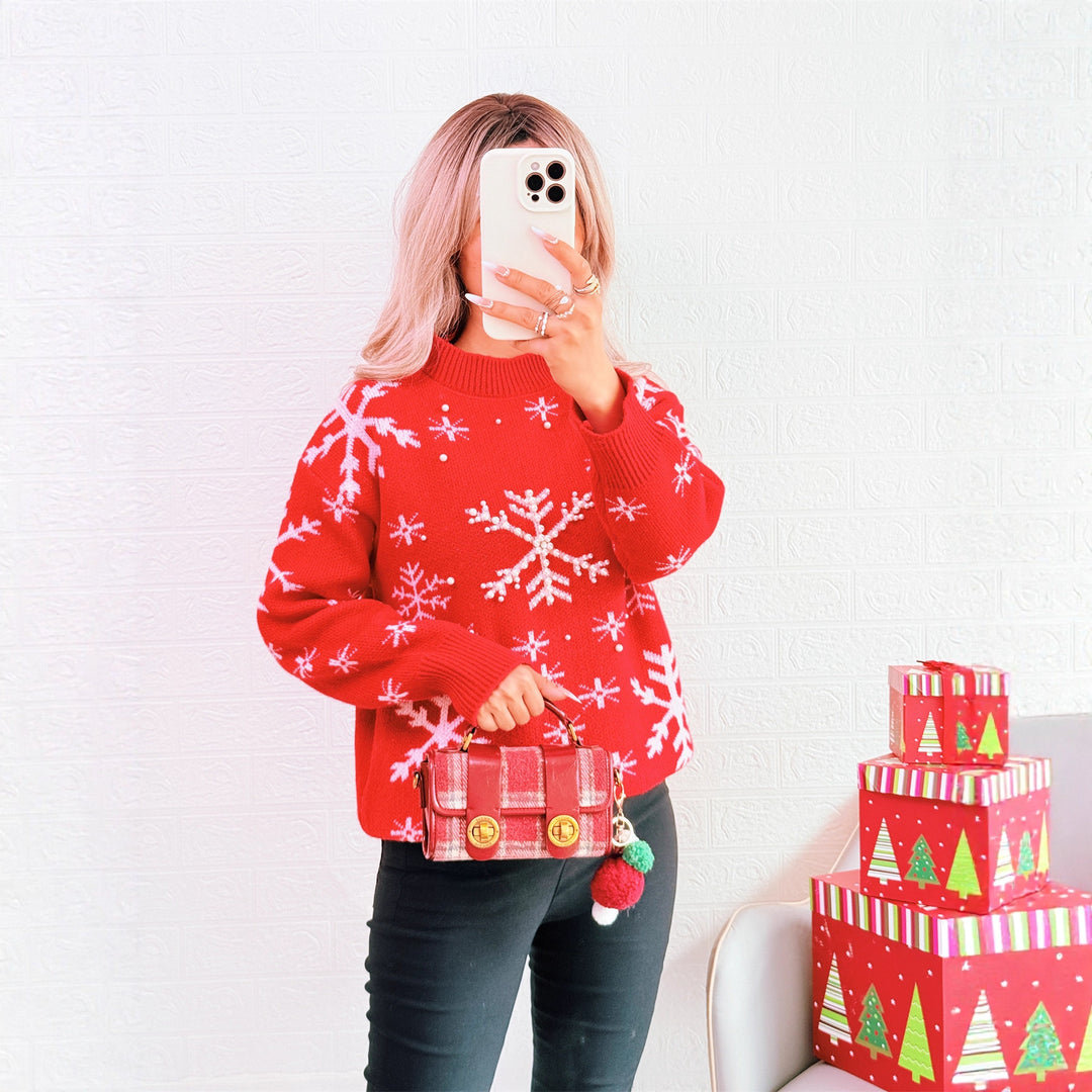 Damen Weihnachts-Pullover mit festlichem Schneemuster und hohem Kragen EB
