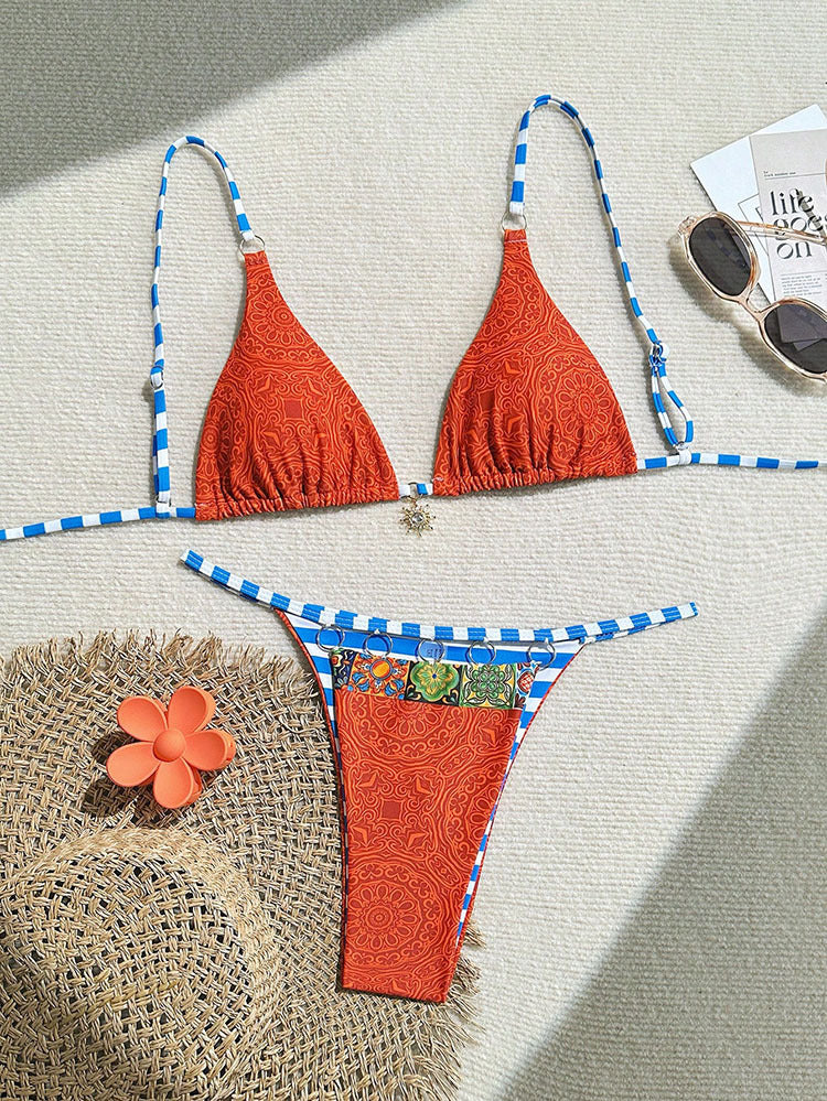 Damen Triangel-Bikini mit buntem Design und modischen Riemen EB