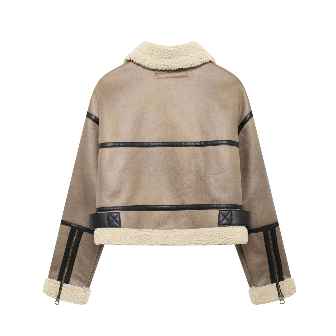 Damen Modische Übergangsjacke aus hochwertigem Kunstleder mit Teddyfell-Kragen und praktischen Taschen EB