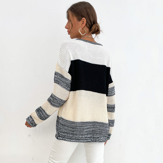 Damen lockerer Strickpullover mit trendigen Blockstreifen und V-Ausschnitt EB
