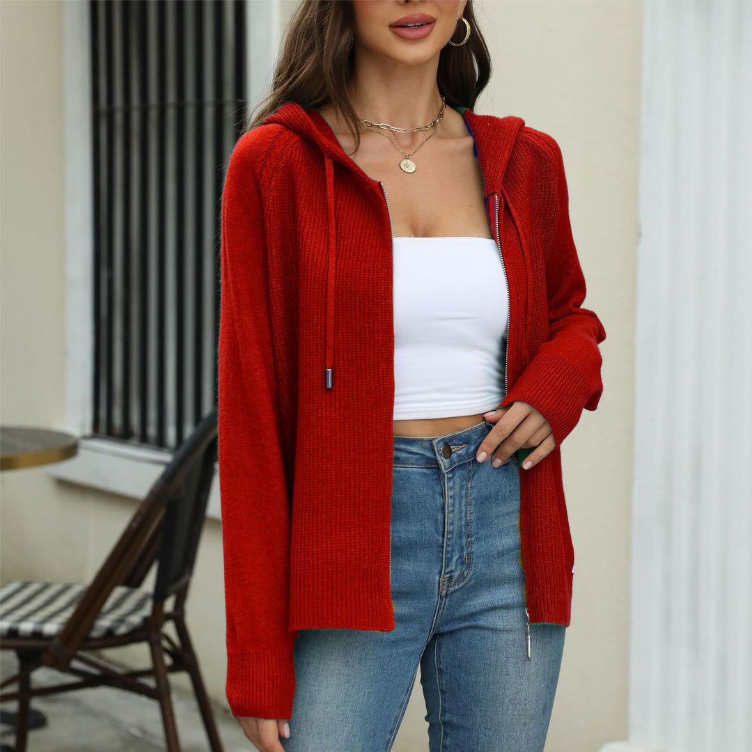 Damen legerer Strickcardigan mit Kapuze und Reißverschluss EB
