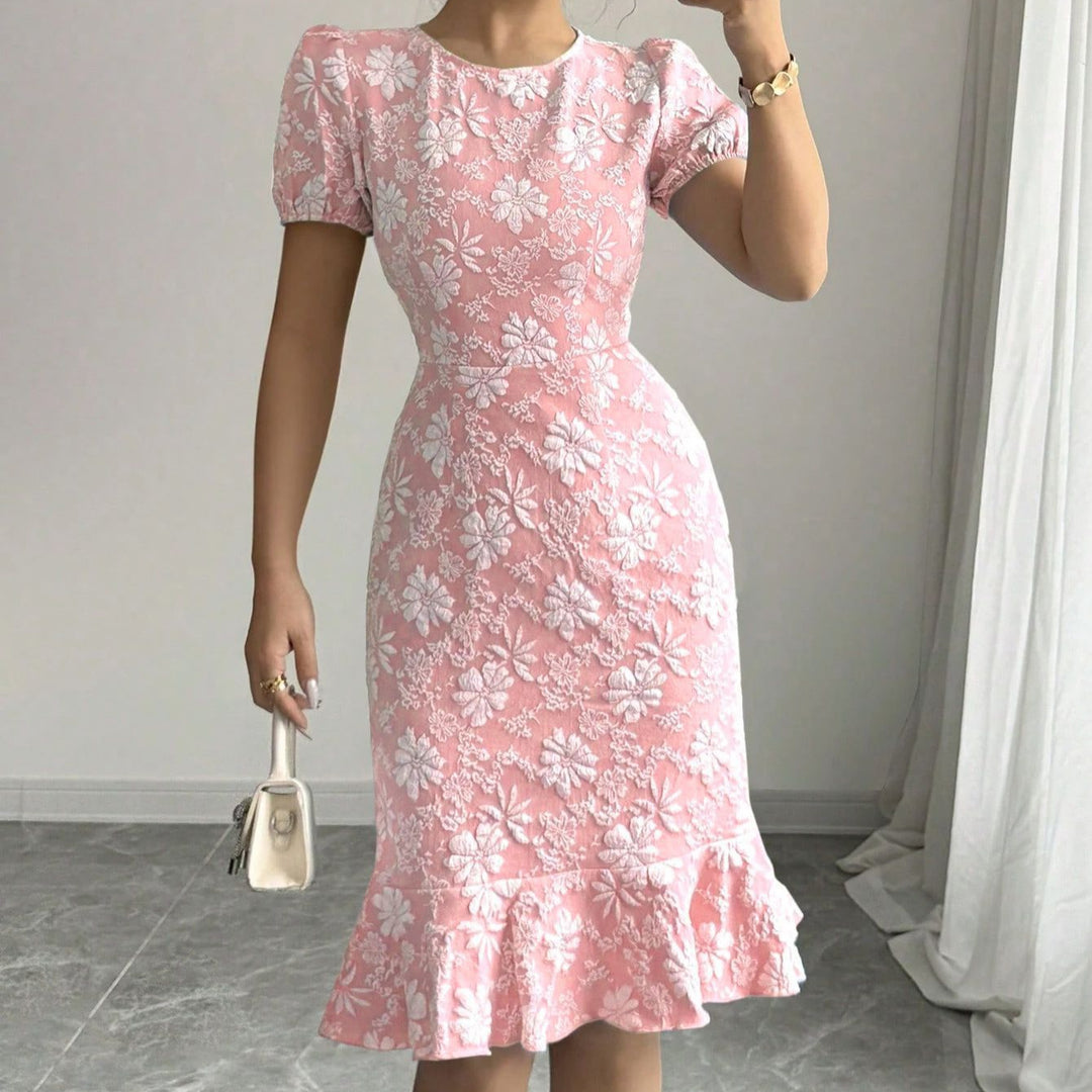 Damen Midi-Kleid mit floralen Applikationen und voluminösen Ärmeln EB