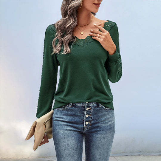 Damen Elegantes Oberteil mit Spitzendetails und Rundhalsausschnitt EB