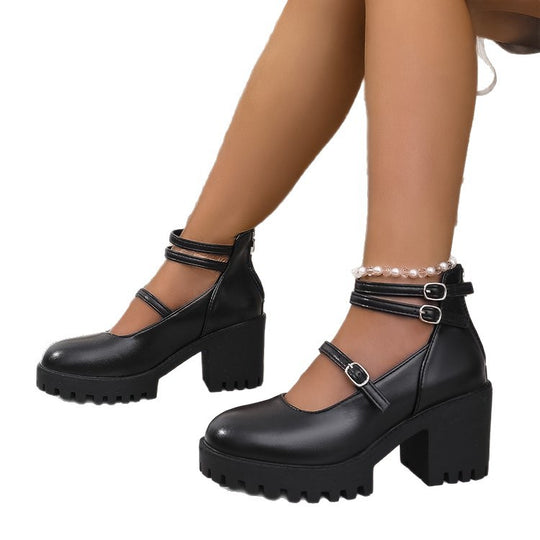Damen Blockabsatz-Schnürschuhe mit modischem Riemendesign und rutschfester Sohle EB