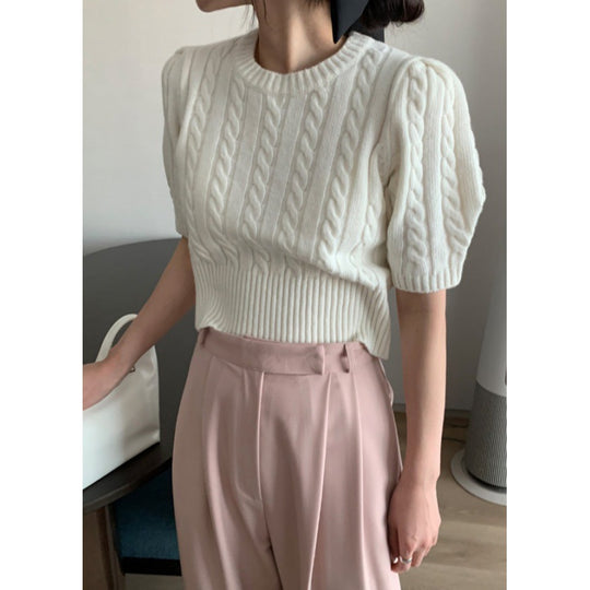 Damen Strickpullover mit voluminösen Ärmeln und Zopfmuster EB