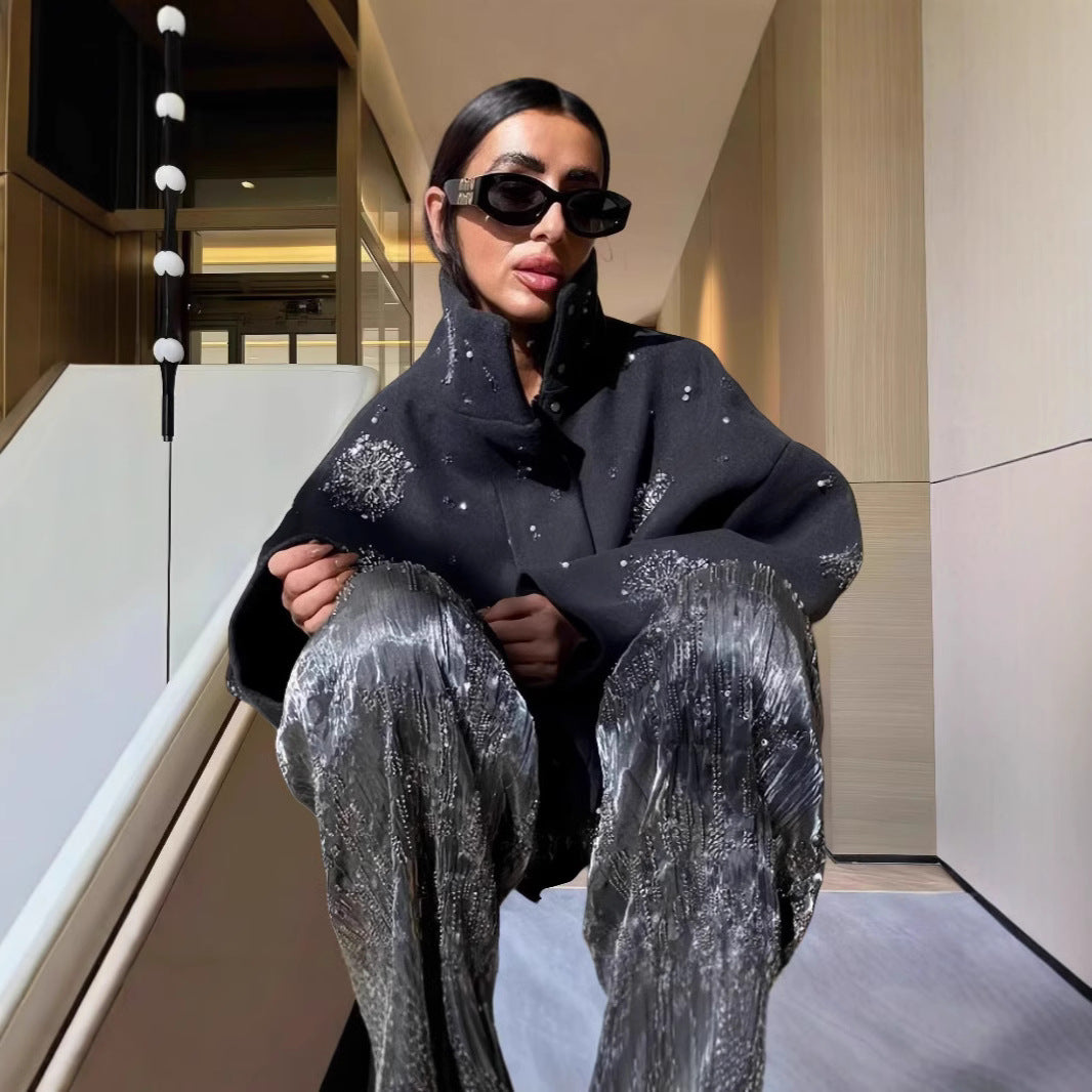 Damen Modische Oversized-Jacke mit funkelnden Applikationen EB