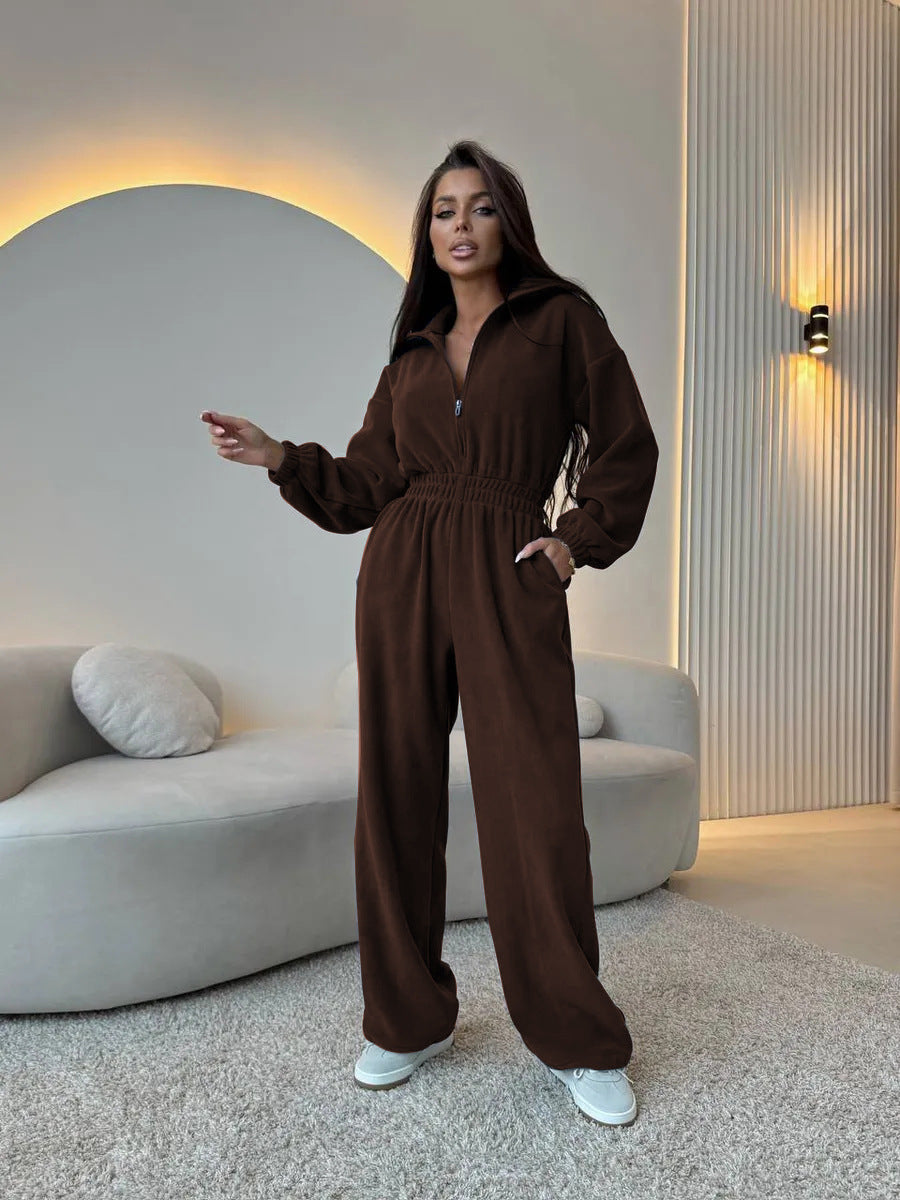 Damen Oversized Loungewear-Jumpsuit mit halbem Reißverschluss und elastischer Taillenraffung EB