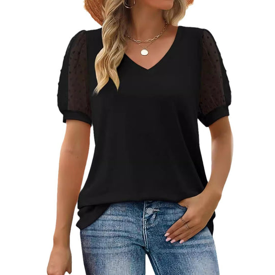 Damen V-Ausschnitt T-Shirt mit Puffärmeln EB