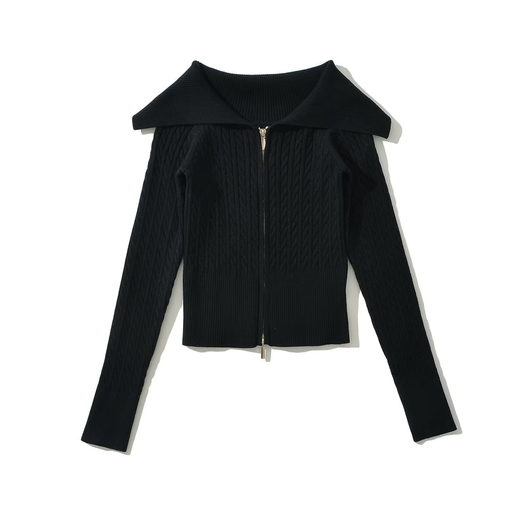 Damen modische Strickjacke mit weitem Kragen und Reißverschluss EB