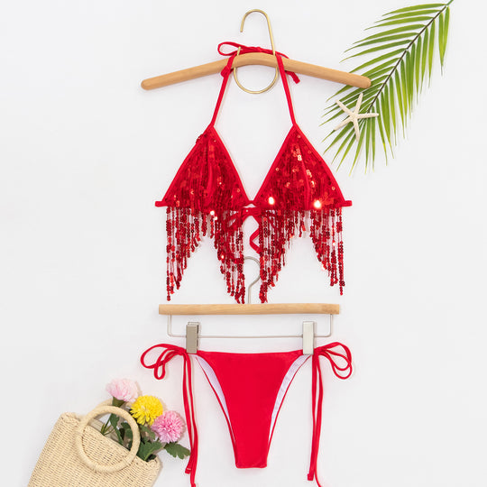 Damen Bikini-Set mit glitzernden Pailletten und verspielten Bindebändern EB
