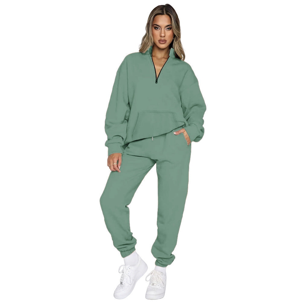 Damen nan French‑Terry Relax‑Loungewear‑Set mit halbem Reißverschluss, Kängurutasche und taillierter, schmal zulaufender Jogginghose EB
