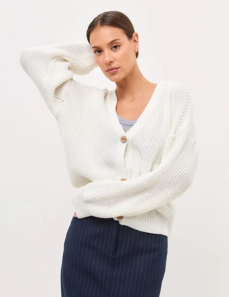 Damen lässiger Strickjacke mit voluminösen Ärmeln und modernen Knopfdetails EB