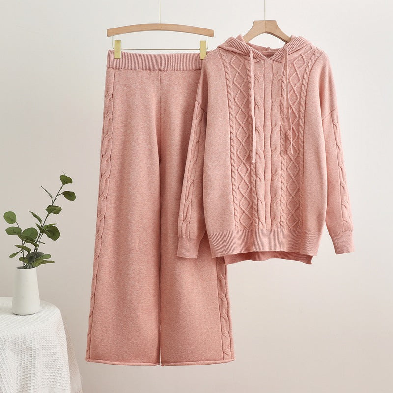 Damen lässiges Strick-Loungewear-Set mit Kapuze und breiten Beinen EB