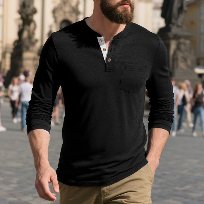 Herren Langarmshirt mit Knopfleiste und Brusttasche EB