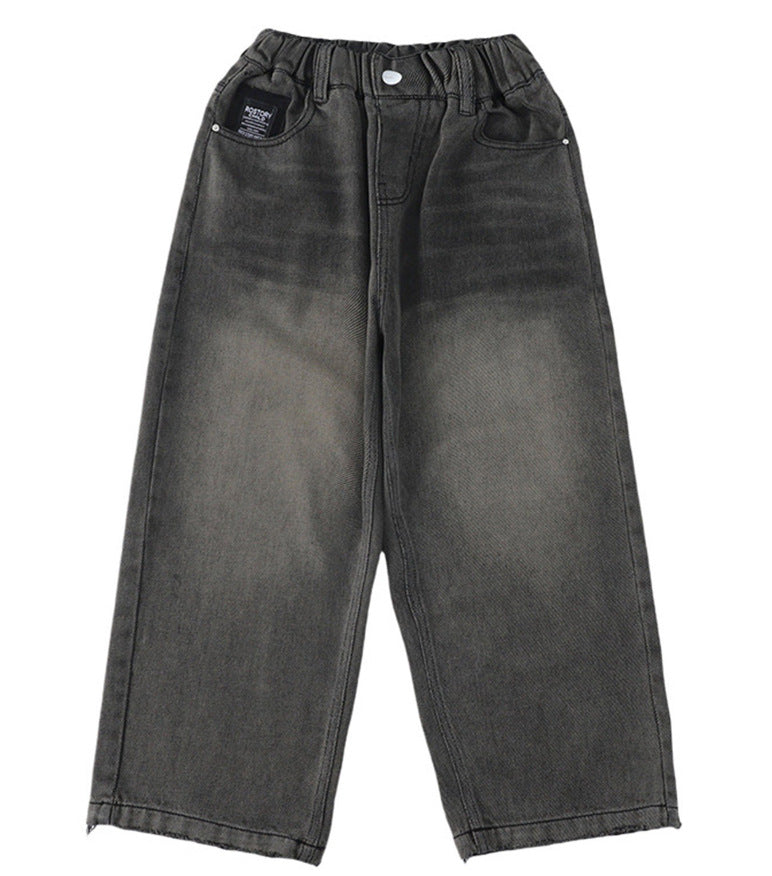 Damen lockere High-Waist Jeans mit elastischem Bund und geradem Bein EB