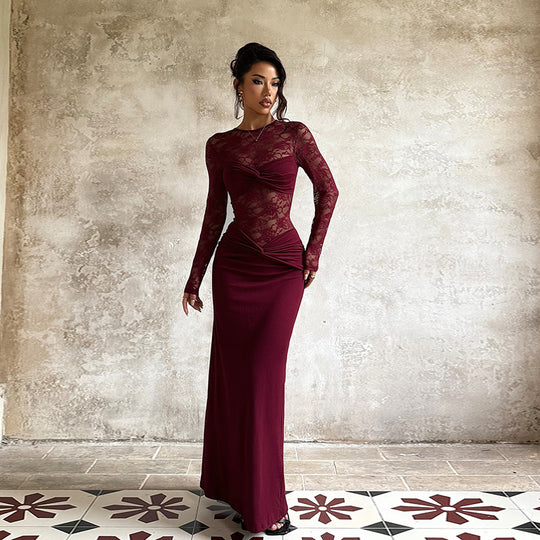 Damen elegantes Langarmkleid mit Spitzenoberteil und figurbetontem Schnitt EB