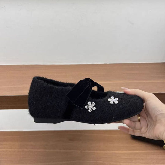 Damen modische Ballerinas mit floralem Dekor und Veloursdetails EB