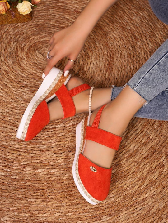 Damen  Espadrille-Keilpantoletten mit elastischem Fersenriemen, Veloursoptik-Obermaterial und geflochtenem Jute-Plateau EB