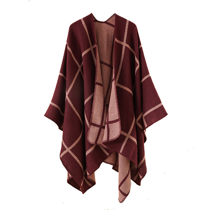 Damen Offener Wollmix-Poncho im Cape‑Stil mit dezentem Karomuster EB