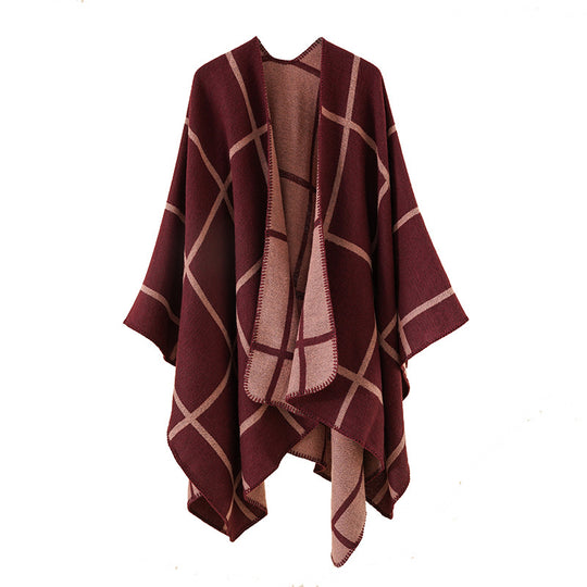 Damen Offener Wollmix-Poncho im Cape‑Stil mit dezentem Karomuster EB