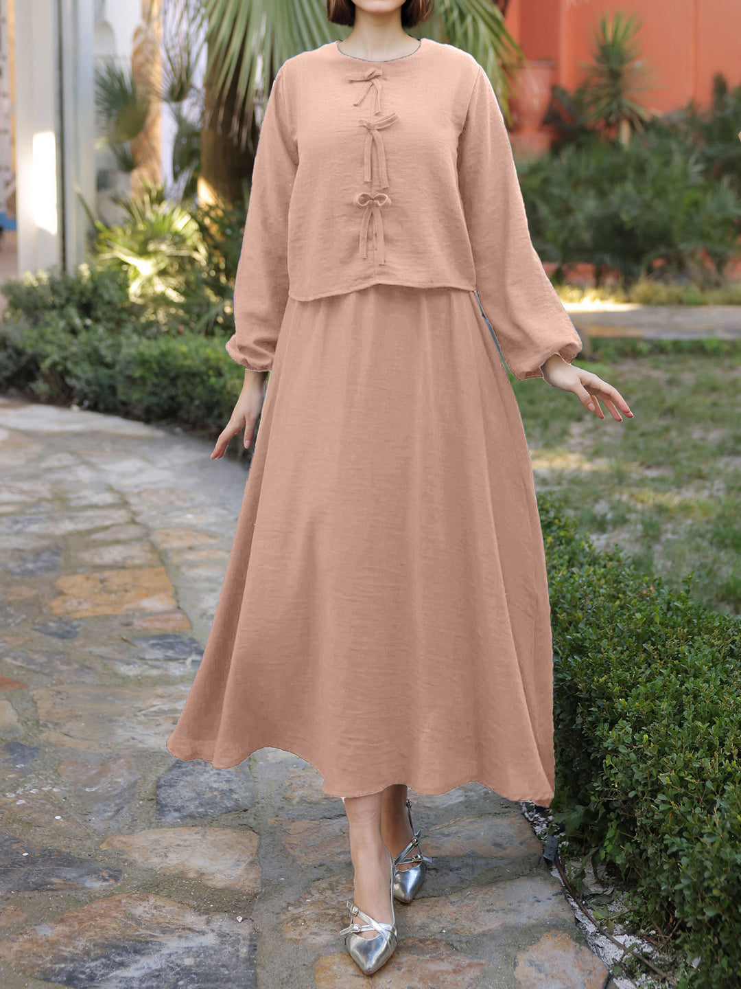 Damen Langes Zweiteiliges Maxikleid mit Überwurf, Rundhals und Zierknoten EB