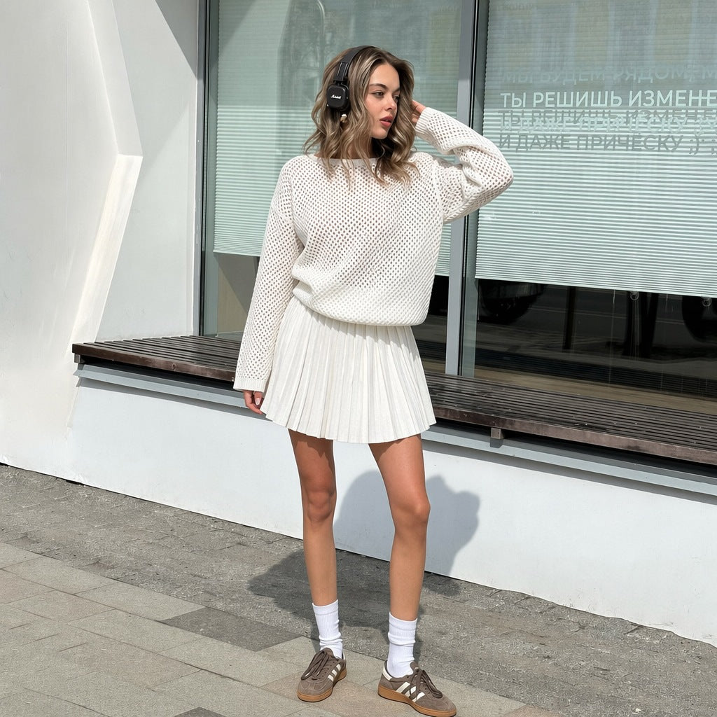 Damen oversized Netzstrickpullover mit plissiertem Minirock-Set Eichborn Berlin