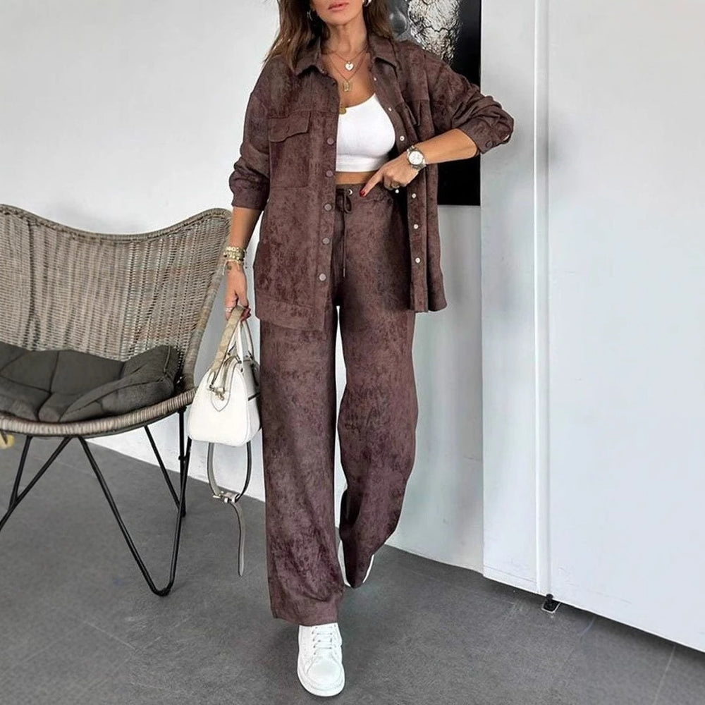 Damen Lässiges Blusen- und Hosen-Set aus weichem Material mit besonderen Texturen EB