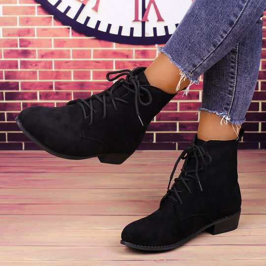 Damen nan knöchelhohe Schnürstiefelette mit soften Veloursoptik, praktischer Zugschlaufe und niedrigem Blockabsatz EB
