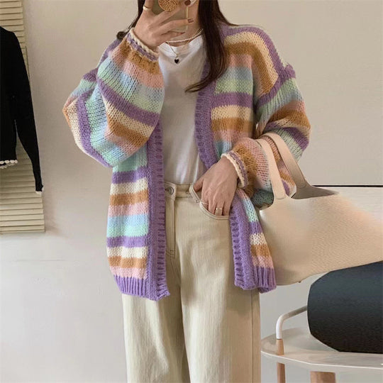Damen Gemütlicher Strickcardigan mit buntem Streifenmuster und weitem Schnitt EB