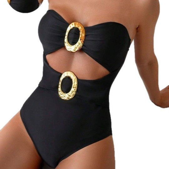 Damen Bandeau Badeanzug mit cut-out und dekorativem Schmuckelement EB