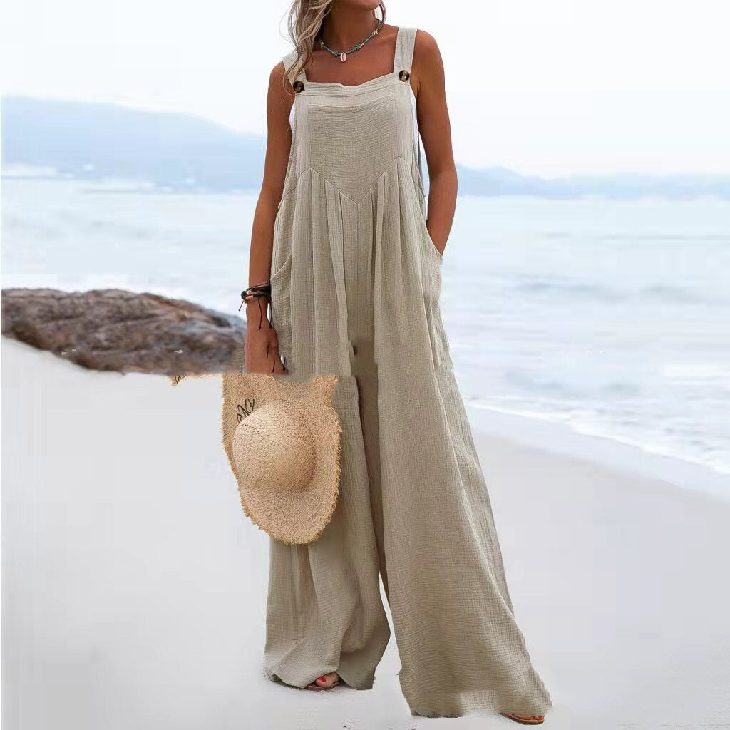 Damen luftiger Jumpsuit mit praktischen Taschen und verstellbaren Trägern EB