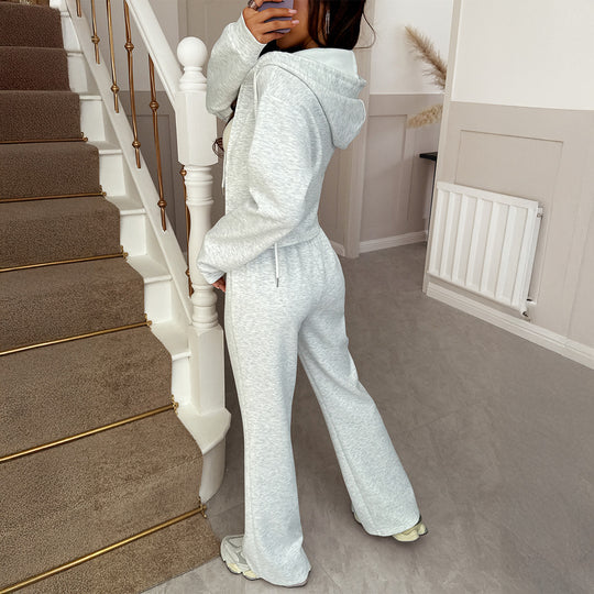 Damen nan kurzgeschnittenes Kapuzen-Sweatset mit Reißverschluss und hochtaillierter Schlaghose EB