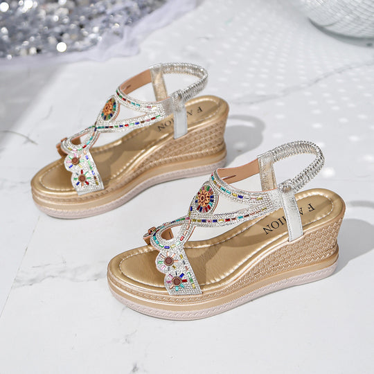 Damen Wedge-Sandalen mit kunstvollen Perlenverzierungen EB