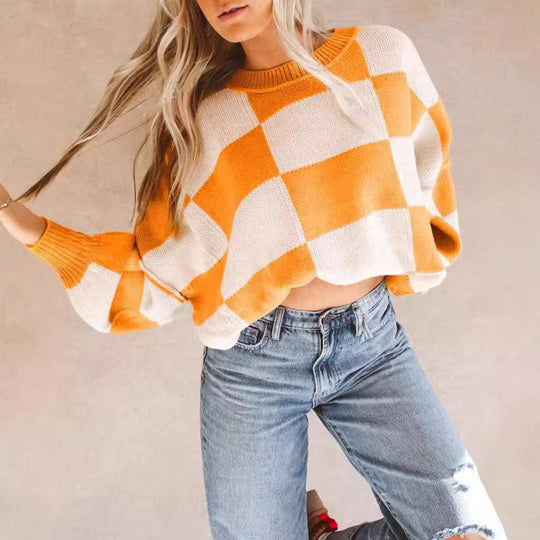 Damen modischer Pullover mit Karomuster und weitem Schnitt EB