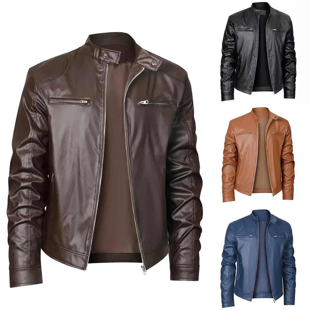 Herren nan schlanke Kunstleder-Bikerjacke mit Stehkragen, durchgehendem Reißverschluss und zwei Brusttaschen EB