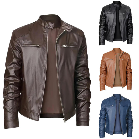 Herren nan schlanke Kunstleder-Bikerjacke mit Stehkragen, durchgehendem Reißverschluss und zwei Brusttaschen EB