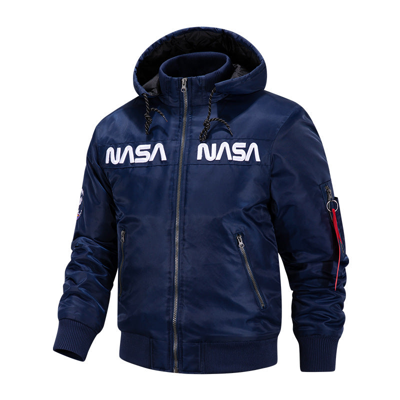 Men's  quilted-lined hooded pilot bomber with high-neck rib collar and zip sleeve utility pocket EB