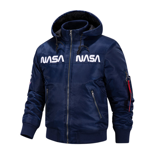 Men's  quilted-lined hooded pilot bomber with high-neck rib collar and zip sleeve utility pocket EB