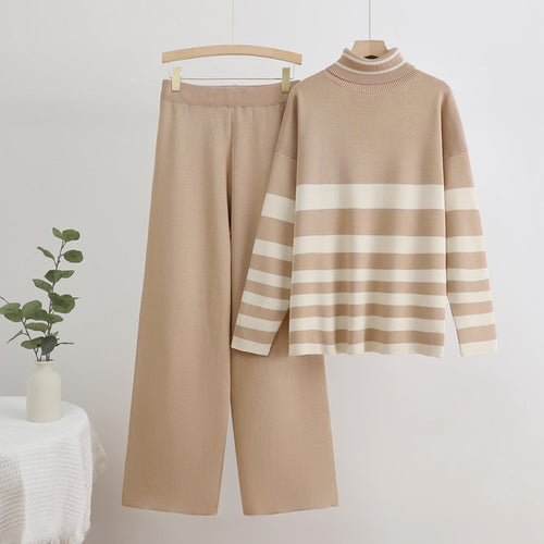Damen Komfortables Strick-Loungewear-Set mit hohem Kragen und breiten Streifen EB