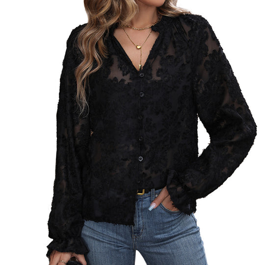 Damen Transparente Chiffon-Bluse mit floraler Flockapplikation, Knopfleiste und Rüschenmanschetten EB