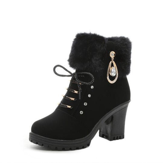 Damen Kunstfellgefütterte Stiefeletten mit eleganten Schnallen und robustem Blockabsatz EB