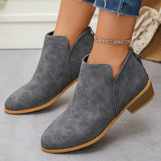 Damen nan kurze Stiefelette mit hinterem Reißverschluss niedrigem Blockabsatz und seitlichem V-Schnitt EB