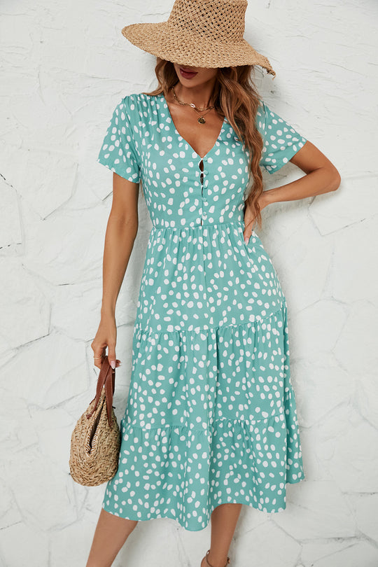 Damen Midi-Kleid mit Flügelärmeln und Knopfleiste EB