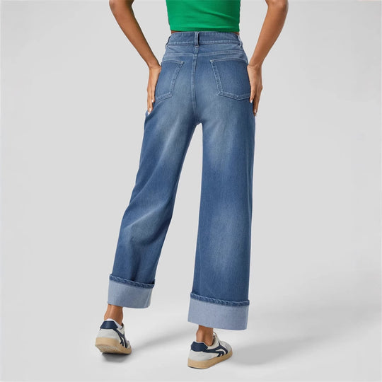 Damen Weit geschnittene Jeans mit hohem Bund und umgeschlagenem Saum EB