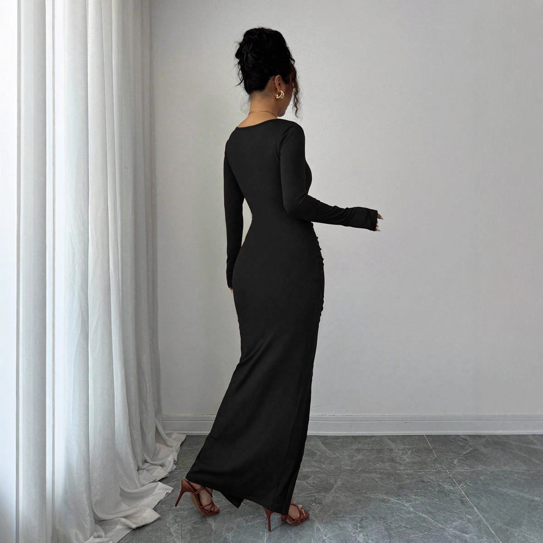 Damen nan körpernahes Maxikleid mit Quadratausschnitt, taillierter Raffung und hohem Seitenschlitz EB