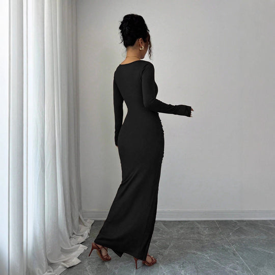 Damen nan körpernahes Maxikleid mit Quadratausschnitt, taillierter Raffung und hohem Seitenschlitz EB