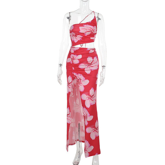 Damen Floral-Hochschnittkleid mit asymmetrischem Design und Rüschendetails EB