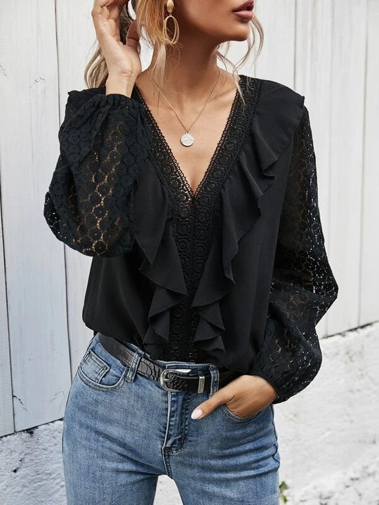Damen Rüschenbluse mit transparenten Ärmeln und feinen Spitzenakzenten EB