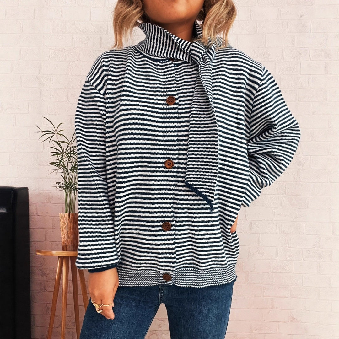 Damen gestreifte Strickjacke mit modernem Kragen und Knopfverschluss EB