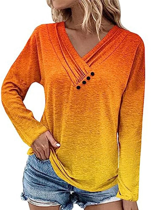 Damen Gerippter V-Ausschnitt Pullover mit Farbverlauf, Zierknöpfen und legerer Passform EB